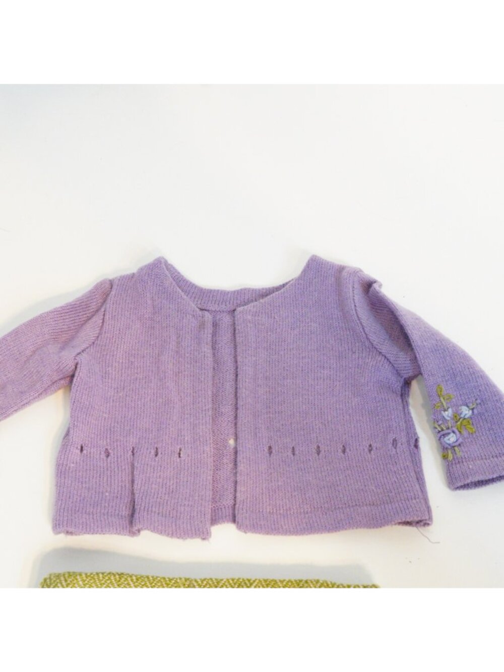 American Girl Doll Go Anywhere Outfit Lavender Cardigan Green Herringbone Skirt - Picture 3 of 5
